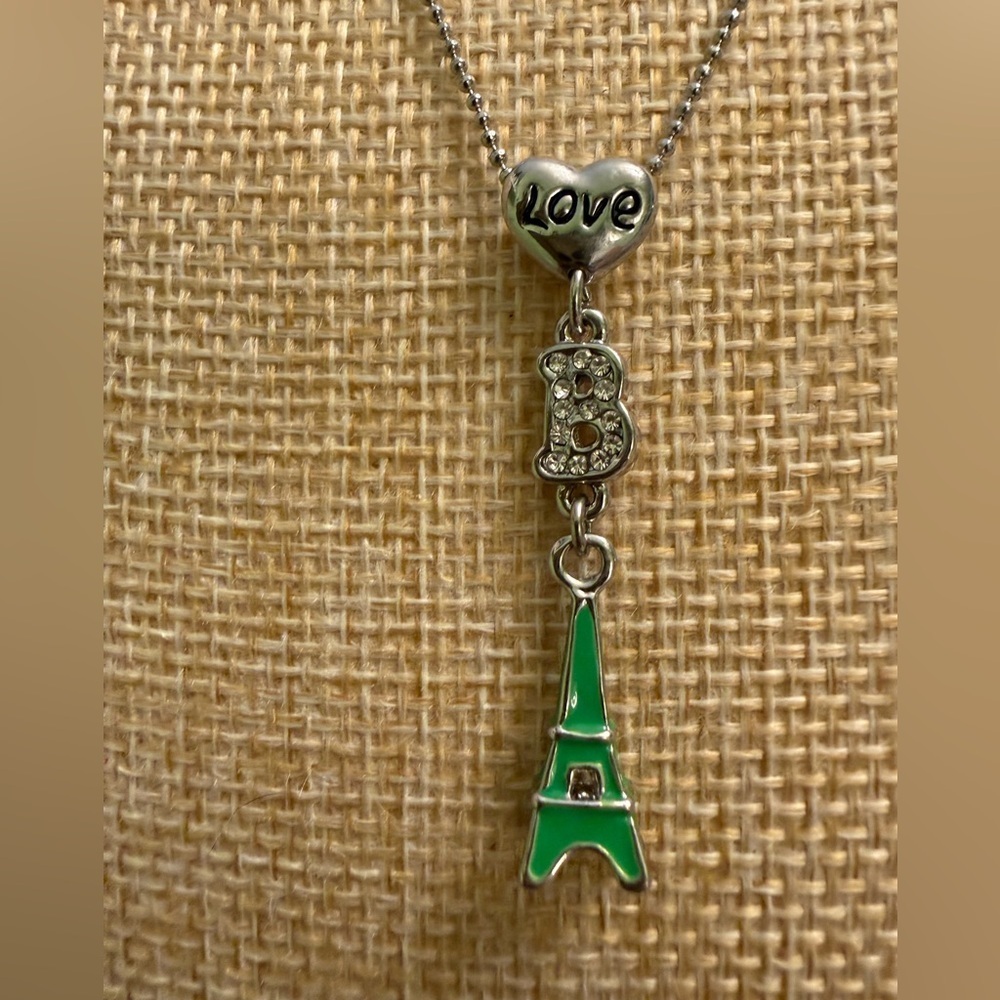 Love Heart & Green Eiffel Tower Pendant Necklace